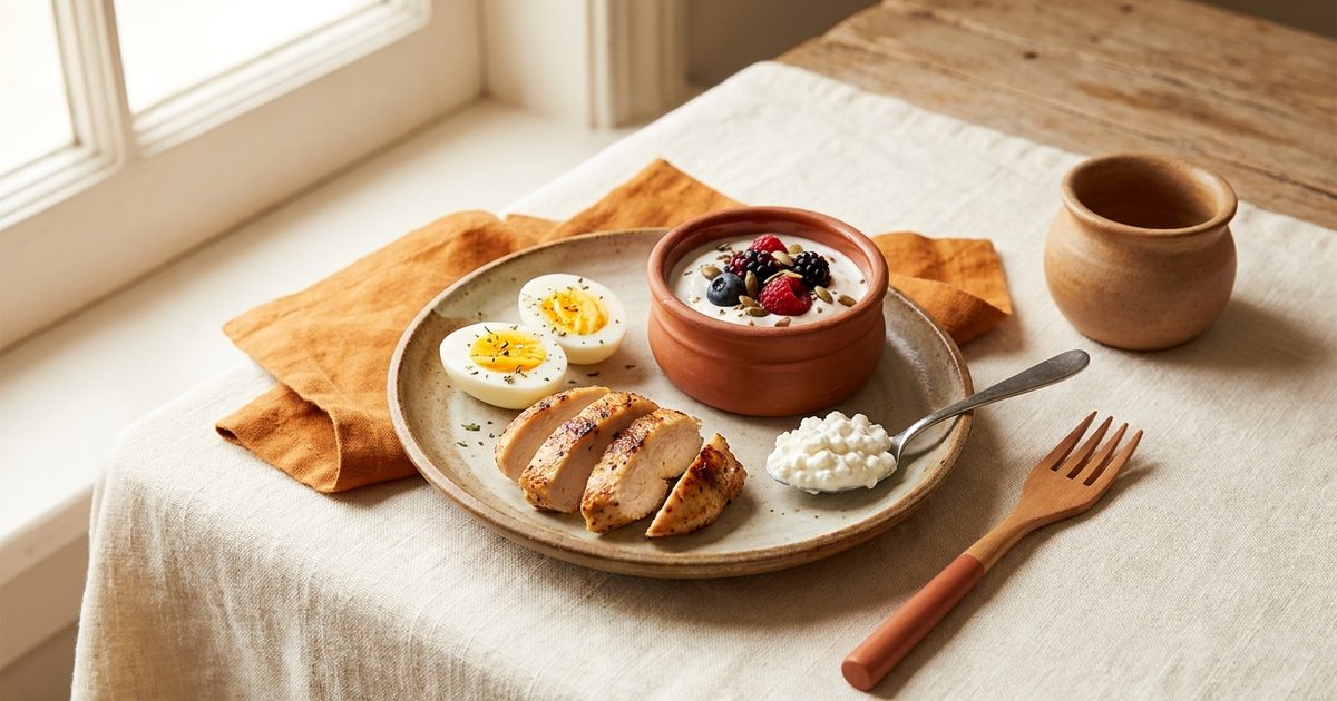 Small portions of chicken, a hard-boiled egg, Greek yogurt, and cottage cheese