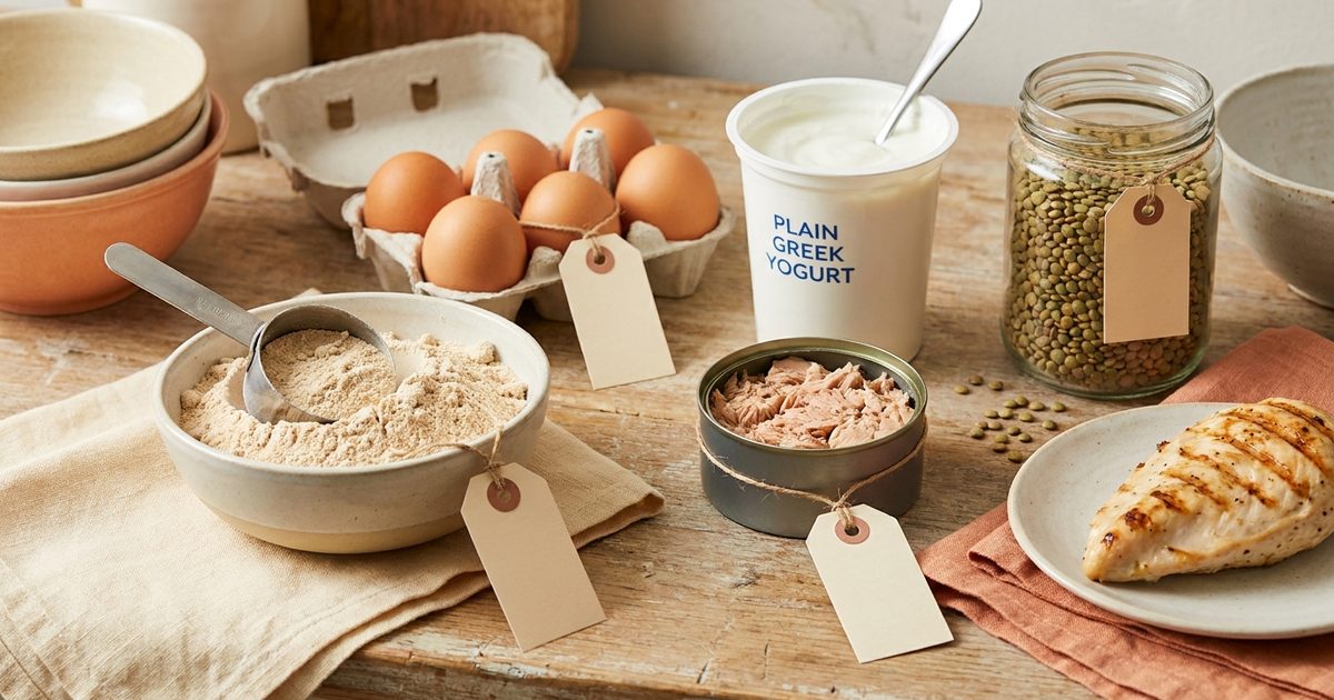 A scoop of protein powder next to eggs, Greek yogurt, tuna, lentils and chicken breast with blank price tags