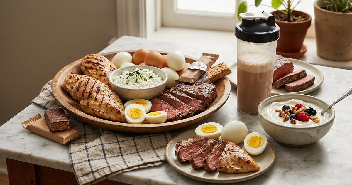 A table piled with grilled chicken, steak, eggs, cottage cheese, yogurt and a protein shake