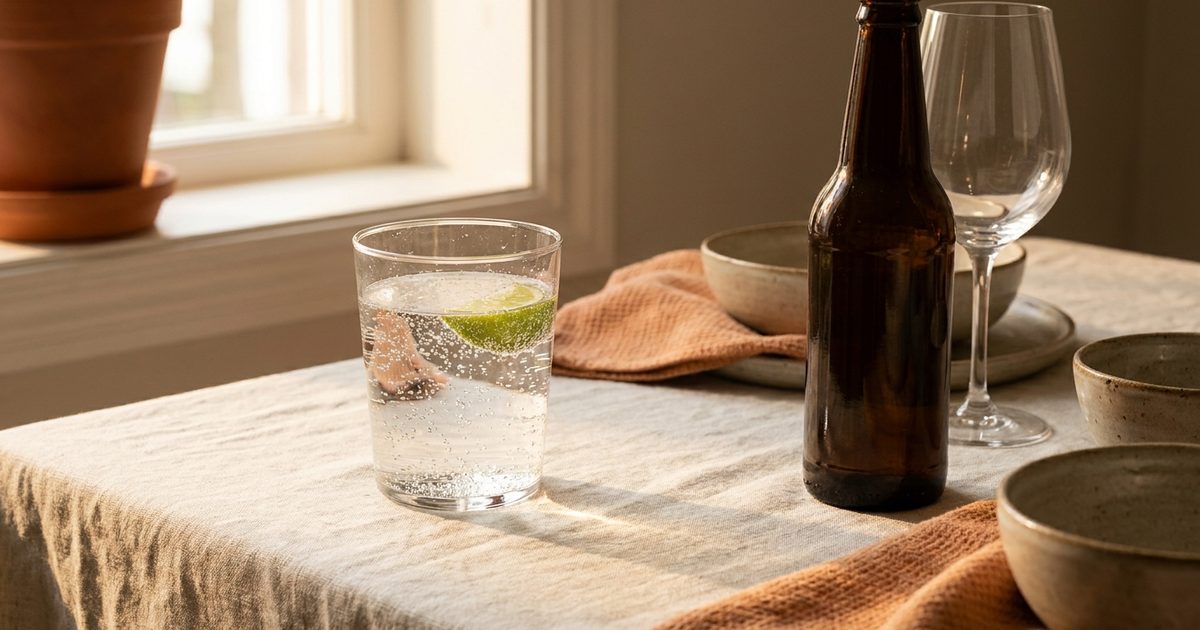 A sparkling water with lime in front of an unlabeled beer bottle and a wine glass