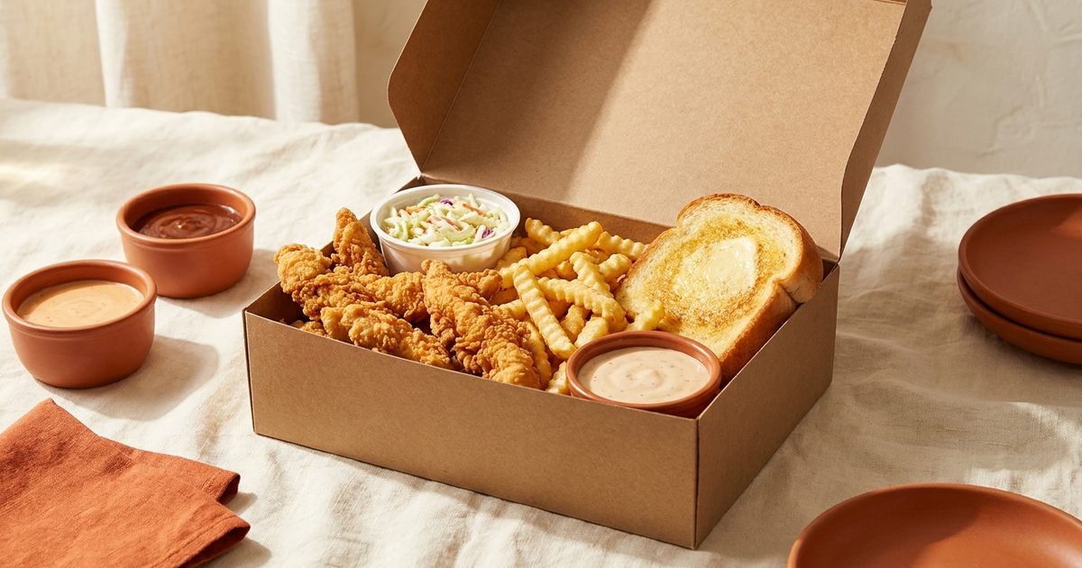 Chicken fingers with crinkle fries, Texas toast, coleslaw, and sauce