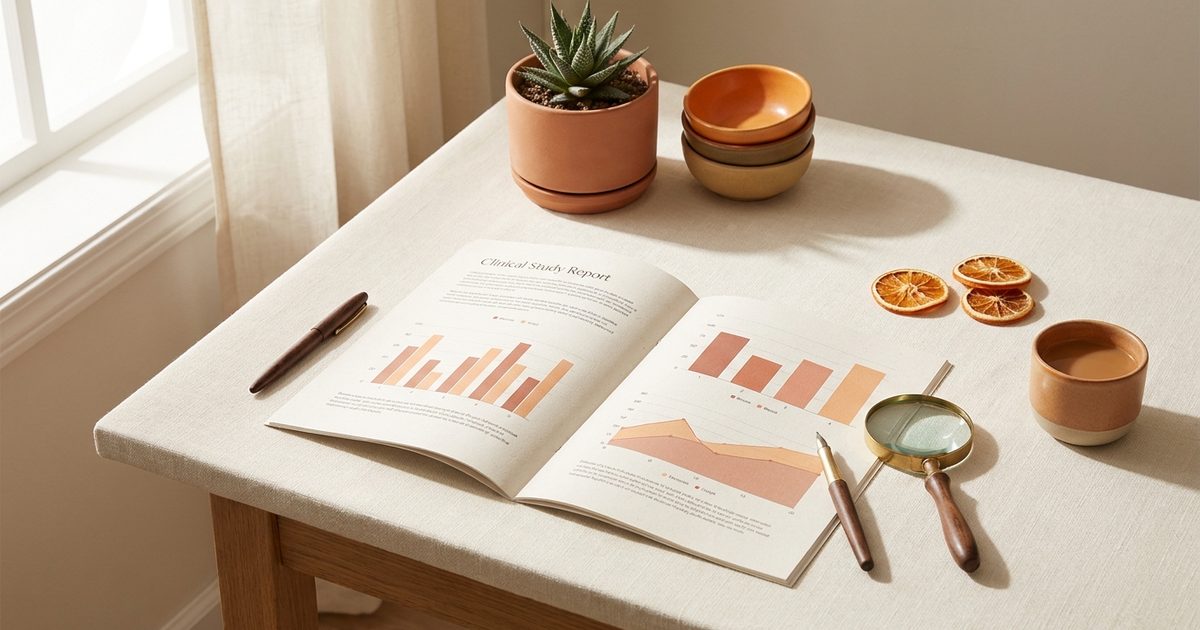 A printed clinical study with charts, a pen, and a magnifying glass on a desk