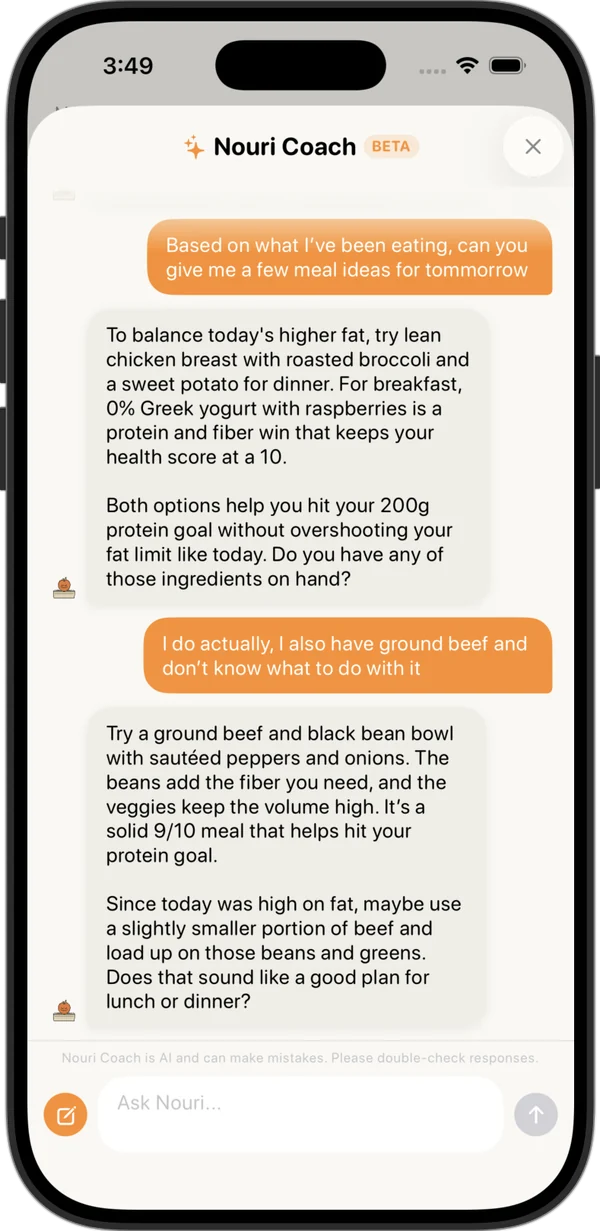 Nouri Coach answering a question about meal ideas