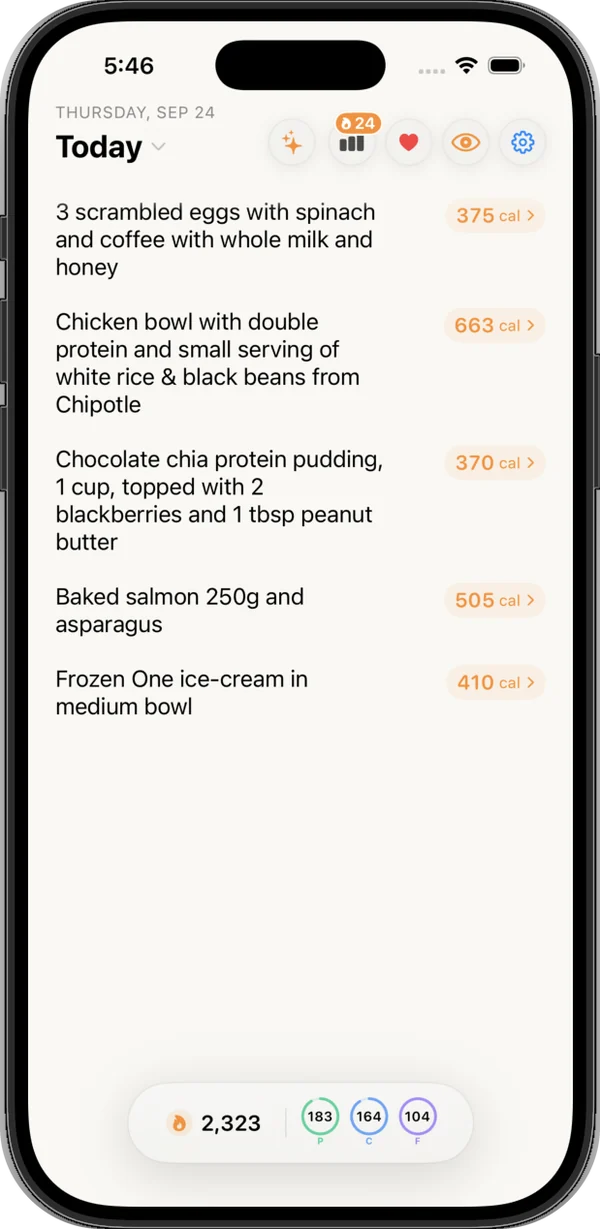 Nouri's daily log with meals written as plain sentences and calories for each
