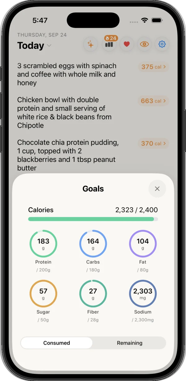 Nouri's Goals screen showing daily progress for calories, protein, carbs, fat, sugar, fiber, and sodium