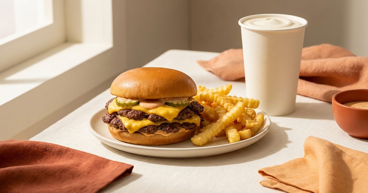 A double cheeseburger on a potato bun with crinkle-cut fries and a vanilla shake