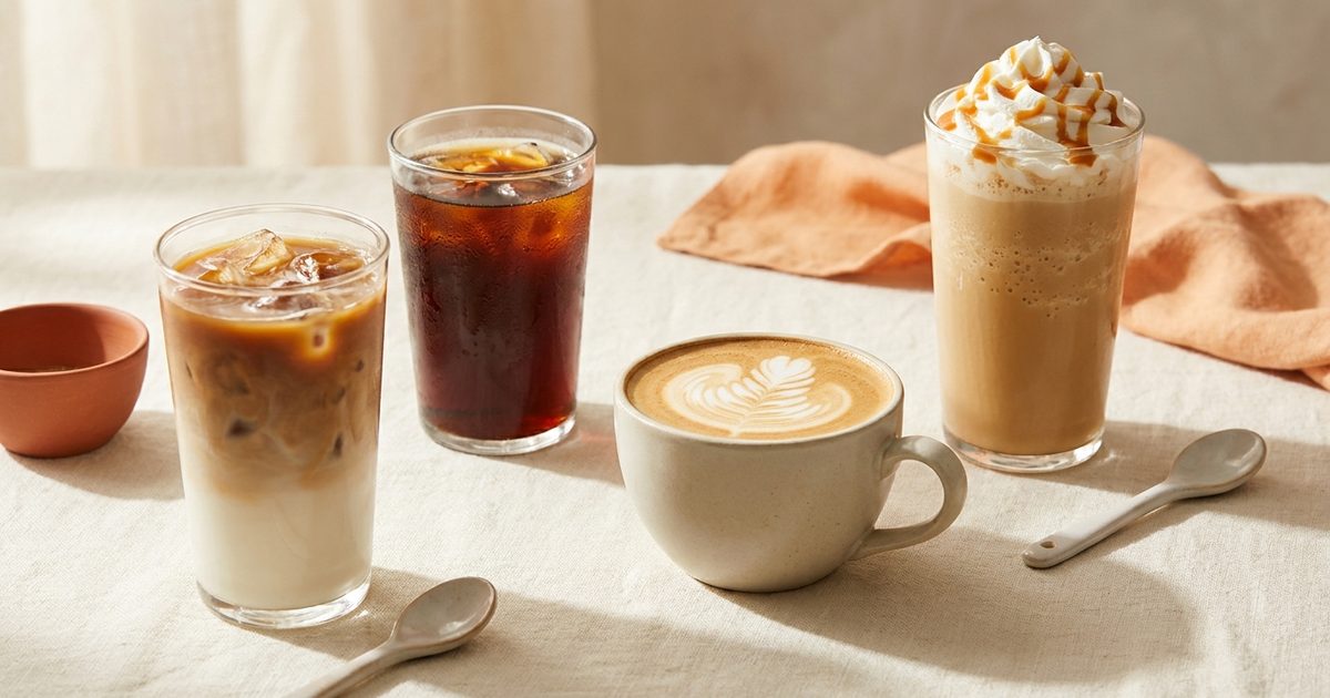 Four coffee drinks: iced latte, cold brew, hot latte, and a whipped frappe