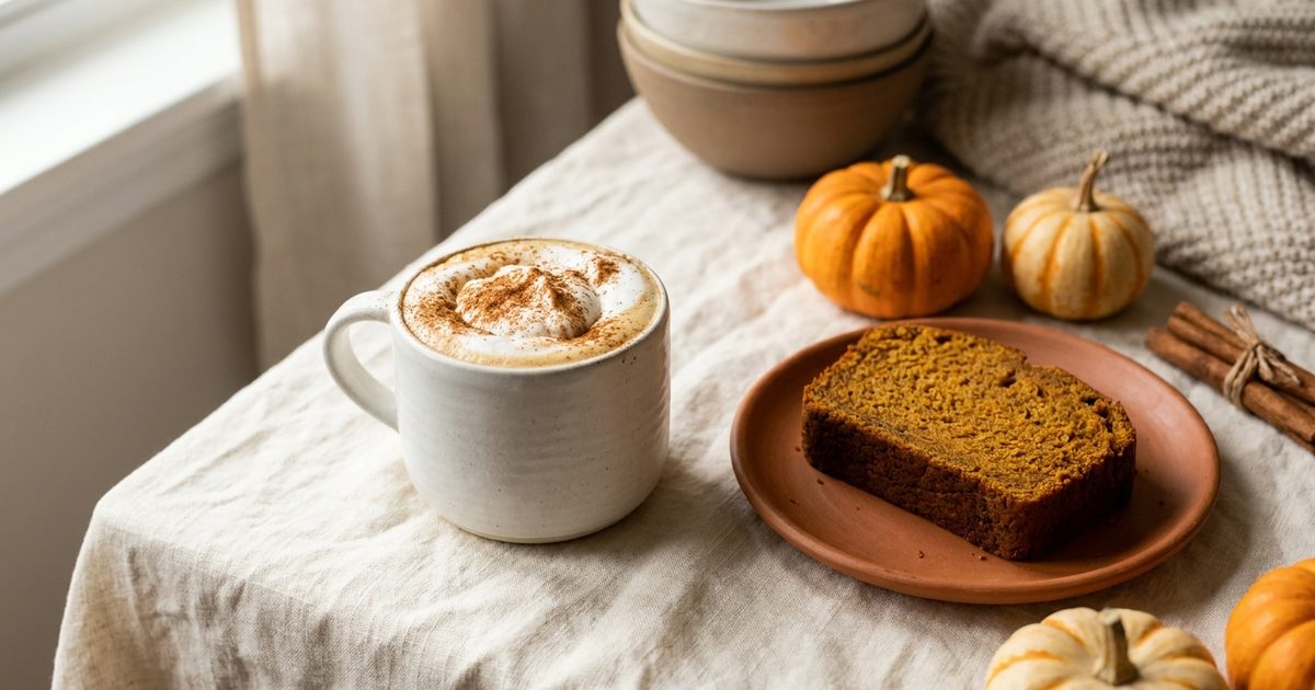 A pumpkin spice latte with whipped cream next to a slice of pumpkin loaf and small pumpkins