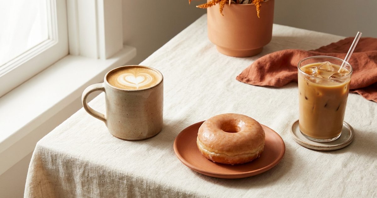 A latte and an iced coffee side by side with a glazed donut between them