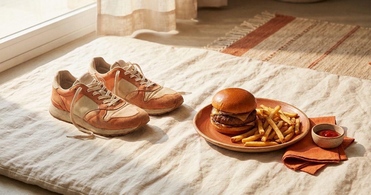 Running shoes next to a burger and fries