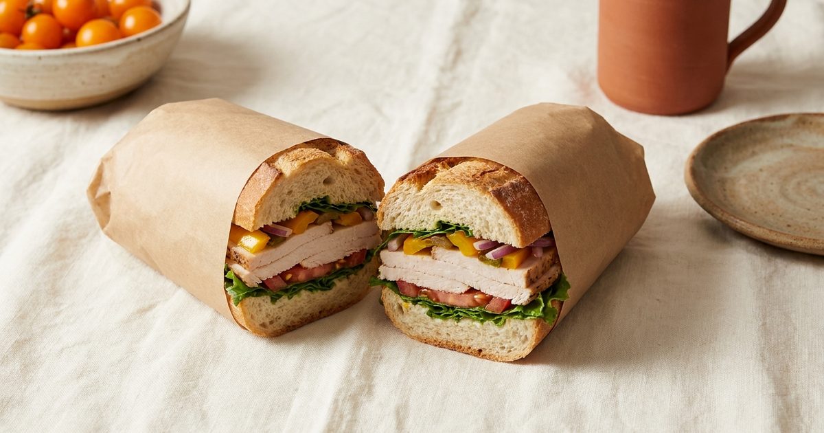 A turkey and vegetable sub sandwich cut in half on paper