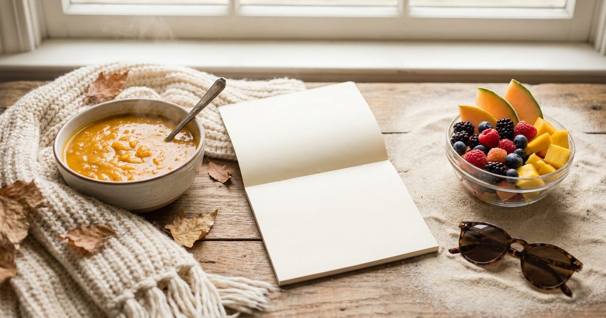 A warm winter soup and scarf next to a summer fruit bowl and sunglasses