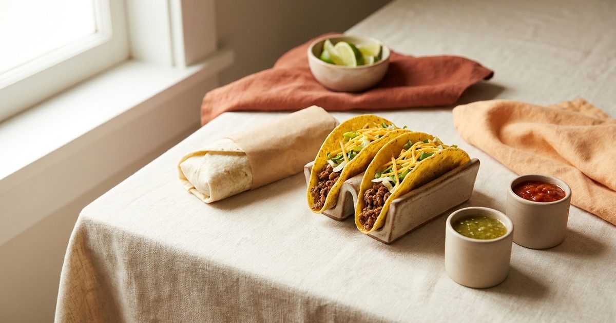 Crunchy beef tacos and a burrito with salsa