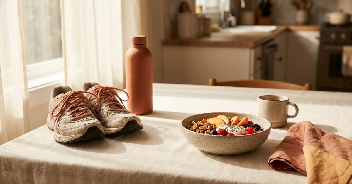 Running shoes and a water bottle next to a breakfast bowl