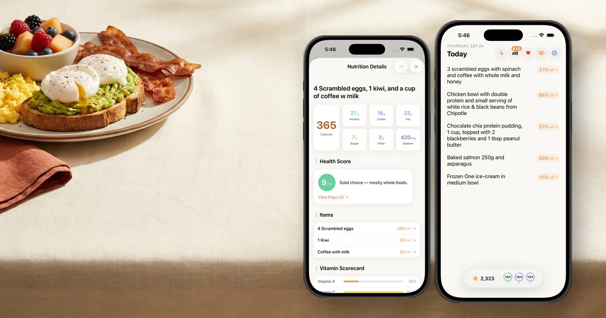 Nouri's nutrition details and daily log on iPhone next to a breakfast plate