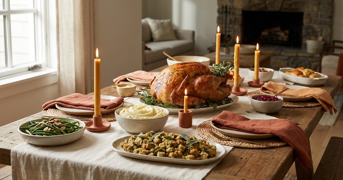 A Thanksgiving table with roast turkey, mashed potatoes, stuffing, green beans, and cranberry sauce
