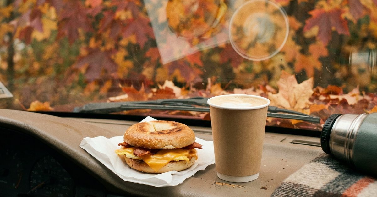 A breakfast bagel sandwich and a latte on a car dashboard with autumn maple leaves outside
