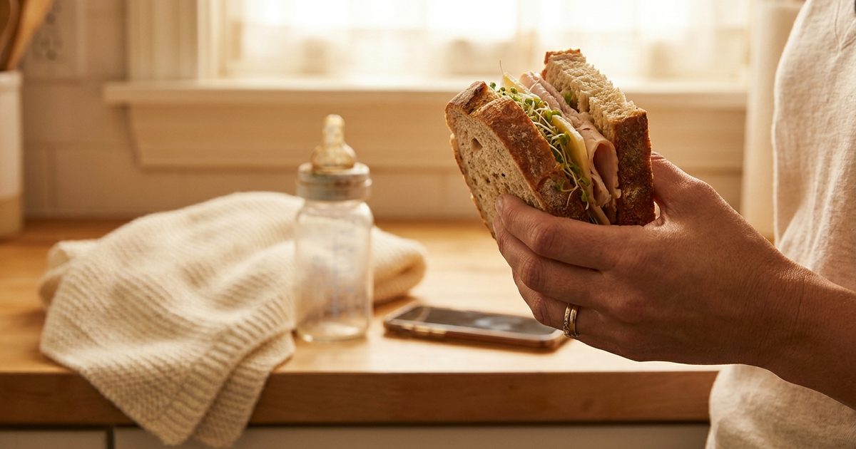 A hand holding a sandwich next to a baby bottle, blanket and phone on a kitchen counter