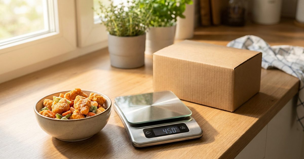 A frozen orange chicken meal in a bowl next to a digital kitchen scale