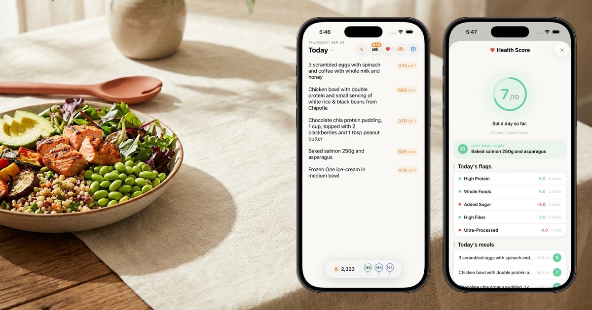 Nouri's daily log and Health Score screens next to a salmon grain bowl