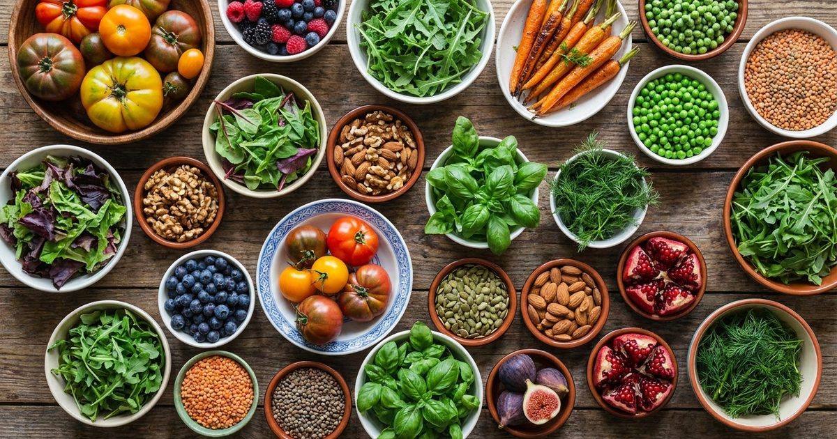 Dozens of small bowls of vegetables, herbs, legumes, nuts, seeds and fruit from above