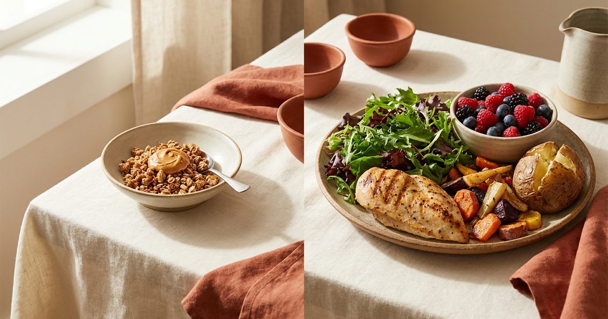 A small bowl of granola with peanut butter next to a large plate of chicken, salad, roasted vegetables, a potato, and berries