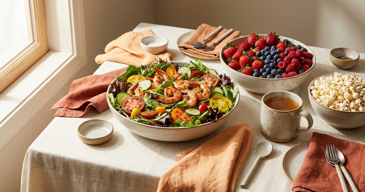 A big salad with shrimp, a bowl of berries, broth, and popcorn