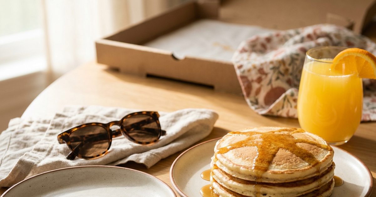 A weekend brunch table with pancakes, syrup, a mimosa and a pizza box