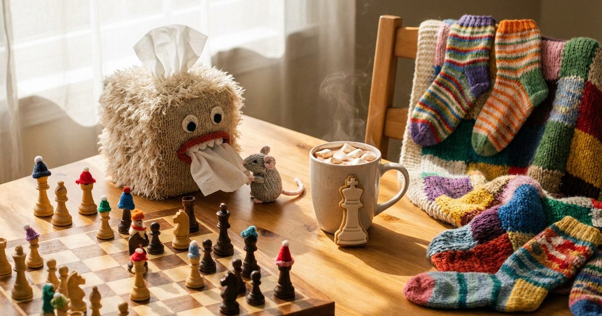 A playful table with a tissue box, a chess game, knitted socks and hot cocoa