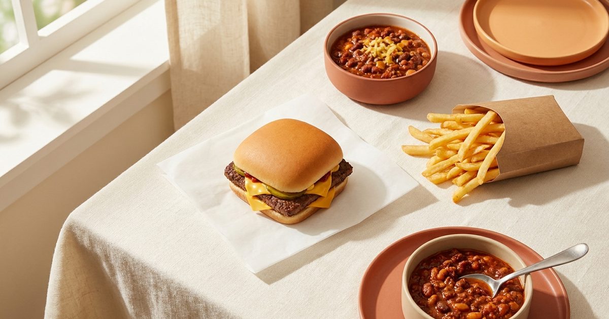 A cheeseburger with fries and a cup of chili