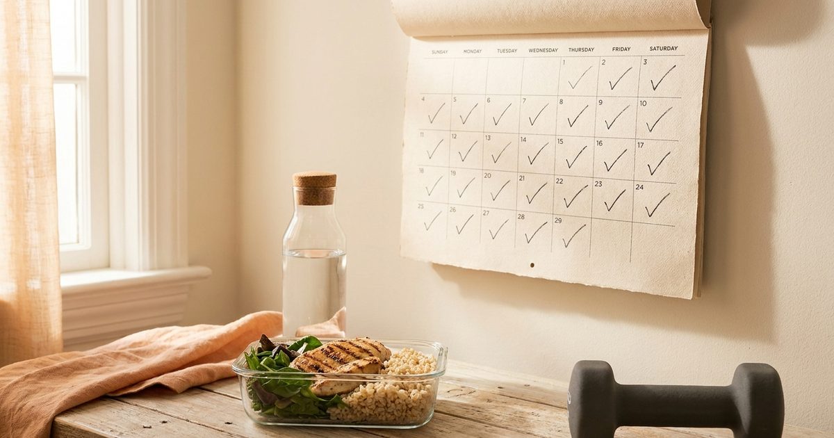 A wall calendar with twelve weeks checked off beside a chicken and rice meal prep and a dumbbell