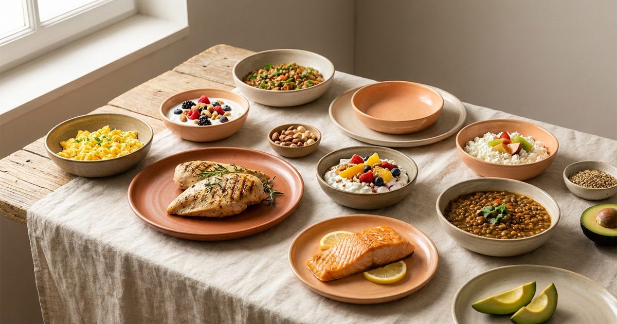 A full day of high-protein foods: chicken, salmon, eggs, Greek yogurt, cottage cheese and lentils