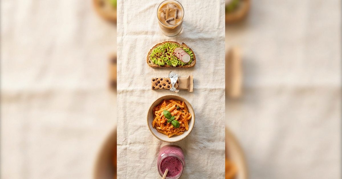 A full day of food in a row: iced latte, avocado toast, protein snack, pasta and a smoothie
