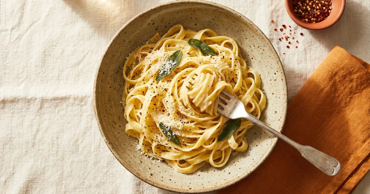 A creamy pasta dish with sauce hidden under the noodles