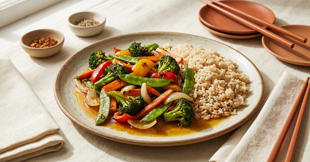 A plate of stir-fry and rice with oil pooled at the bottom