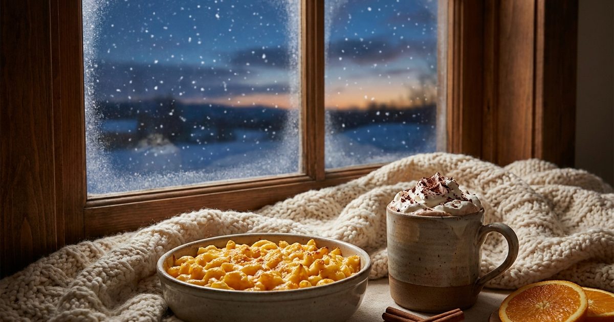 Mac and cheese and hot chocolate under a blanket by a snowy window