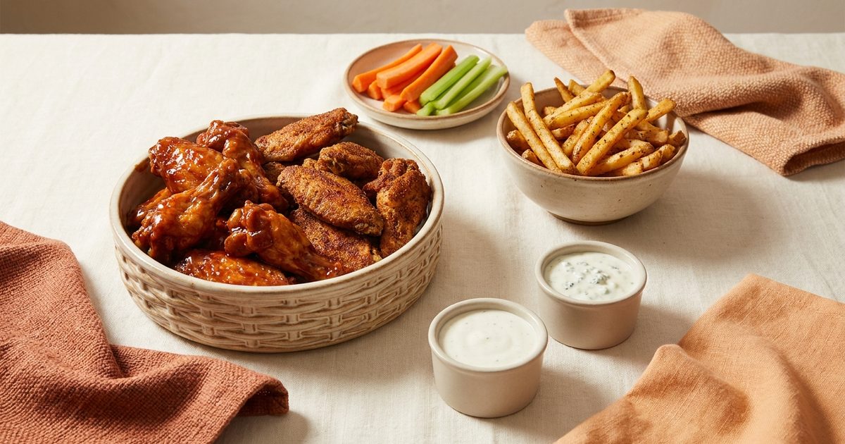 Chicken wings with seasoned fries, veggie sticks, ranch, and blue cheese