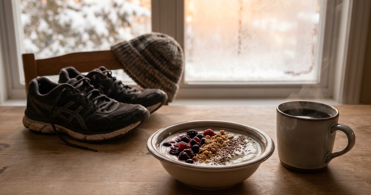 A Greek yogurt and berry breakfast bowl with coffee, running shoes and a beanie on a frosty winter morning